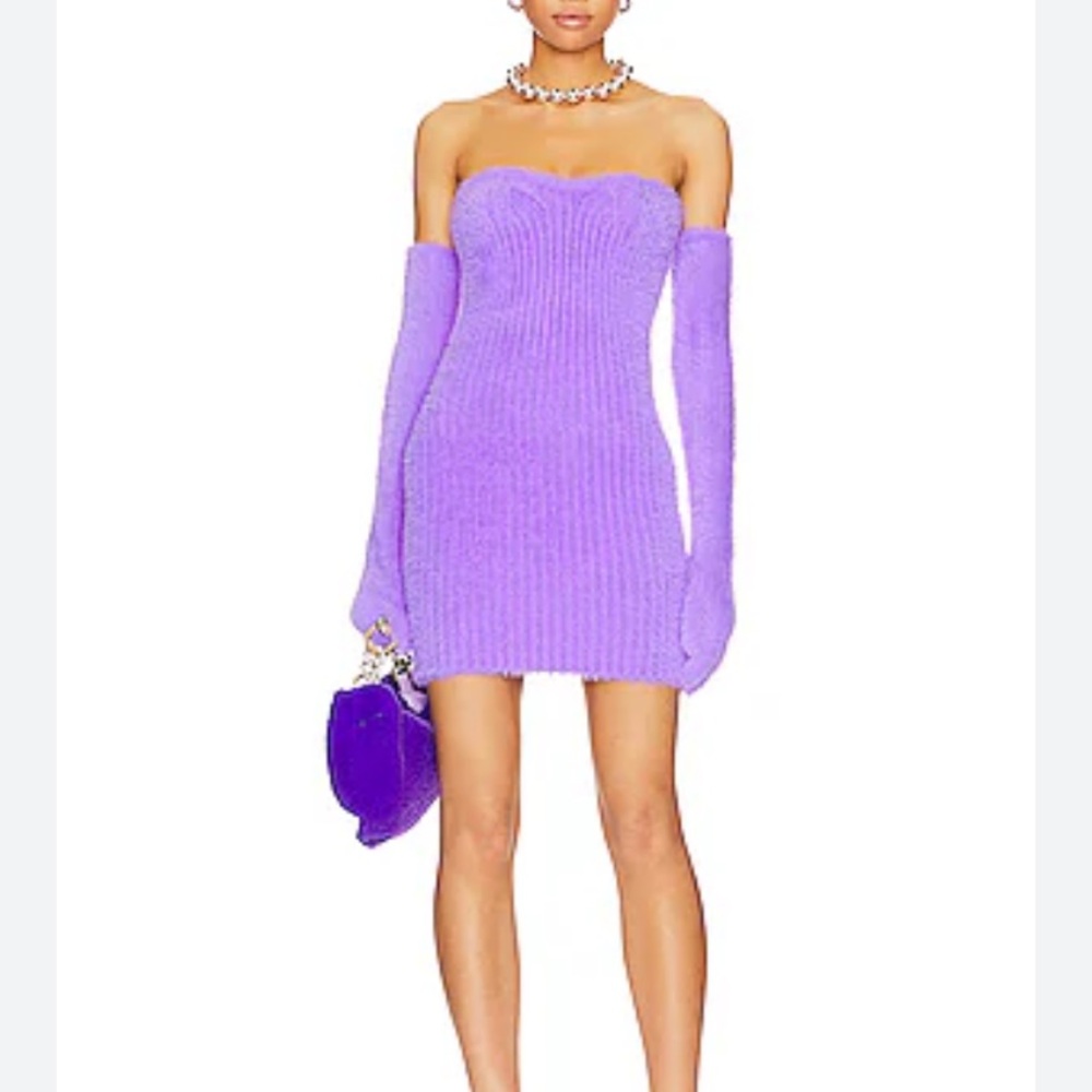 NWT Off-White Purple Lilac Fuzzy Ribbed Bodycon Dress Gloves Italy 36 US 0